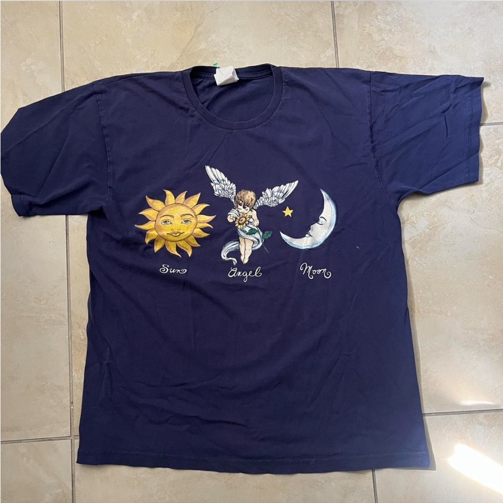 Graphic Tee with Sun, Angel, and Moon